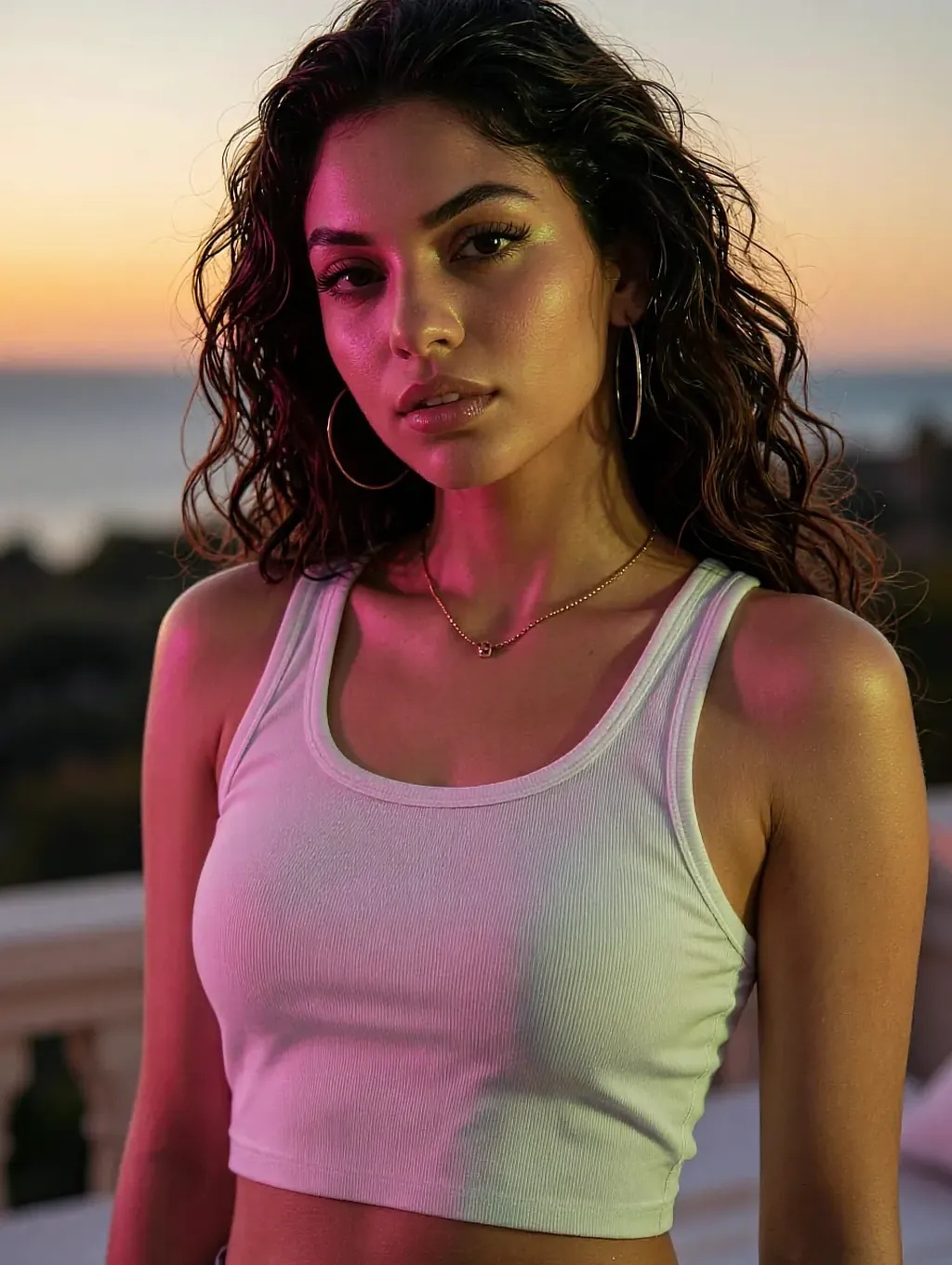 Fictional AI character with dark curls in a white tank top on a balcony at sunset, pink rim light