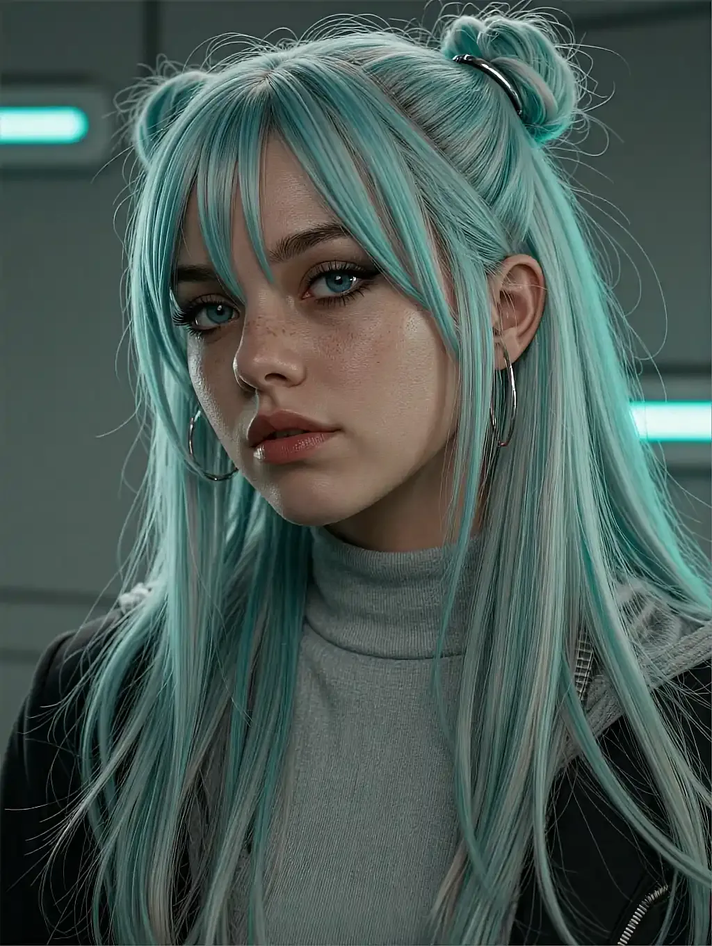Fictional AI character with mint-green hair in a grey turtleneck, cyan strip lights behind her