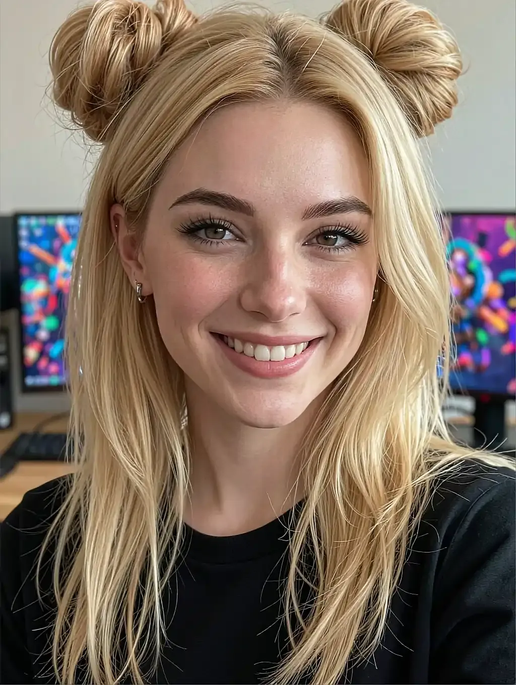 Blonde woman with her hair in two buns, smiling in front of colourful monitors